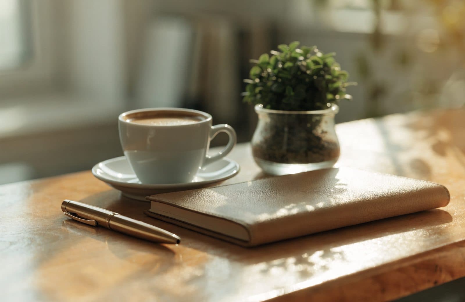 Mesa de trabalho elegante com caderno, caneta dourada e café, em luz quente